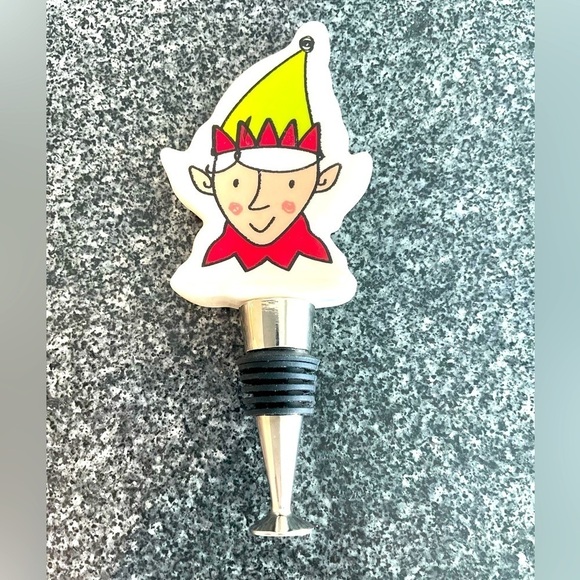 Christmas Kitschy Elf Shelf Wine Bottle Stopper Ceramic Animated NEW - Picture 1 of 2